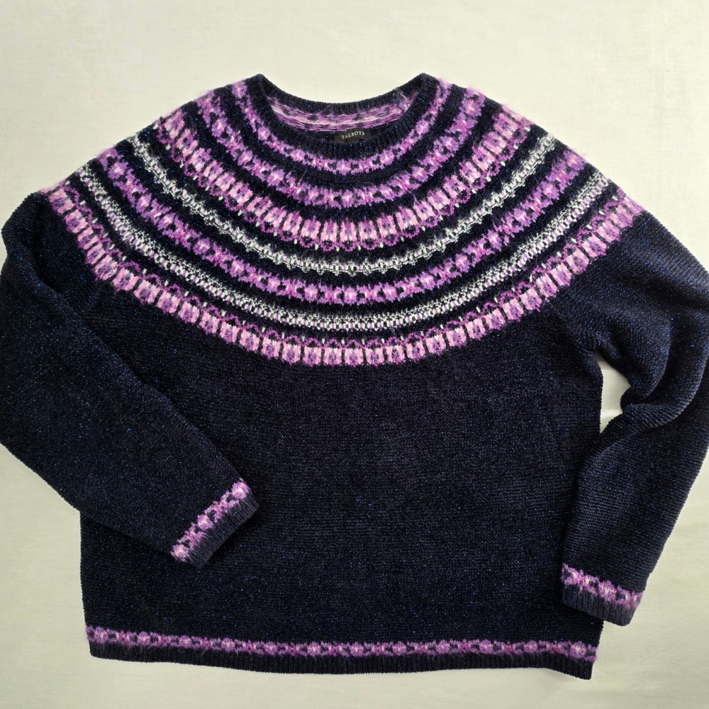 Talbots Fair Isle  Pullover Sweater L Navy Purple Metallic Shimmer Crewneck
